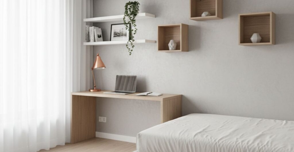 Nichos e prateleiras para otimizar um quarto compacto